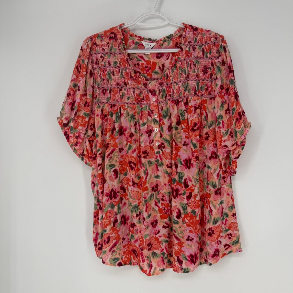 Intro Blouse Womens 3X Pink Floral Smocked Boho Rayon Short Sleeve Top Smocking